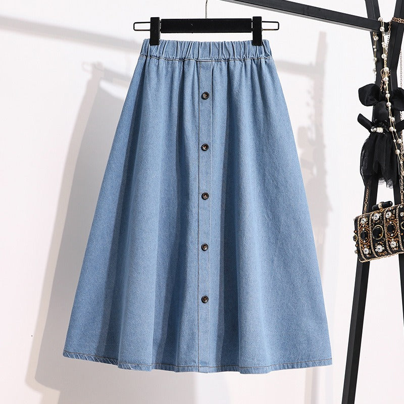 Jupe midi femme en denim à taille élastiquée avec boutons - Renata