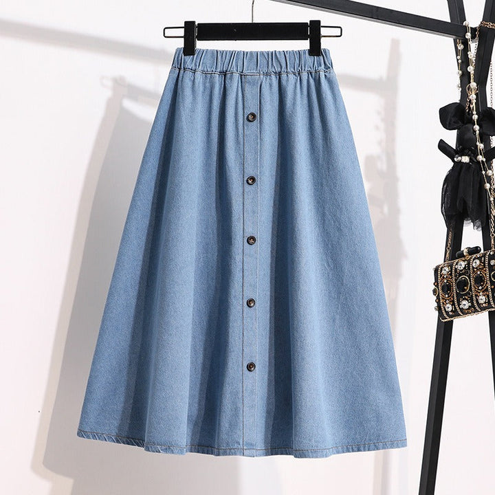 Jupe midi femme en denim à taille élastiquée avec boutons - Renata