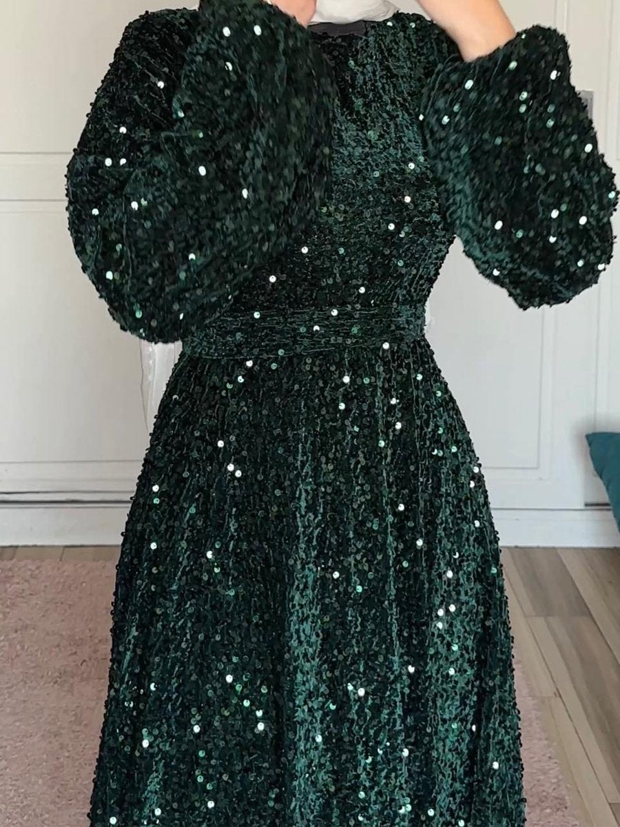 Natash - Robe à paillettes à manches longues et col rond