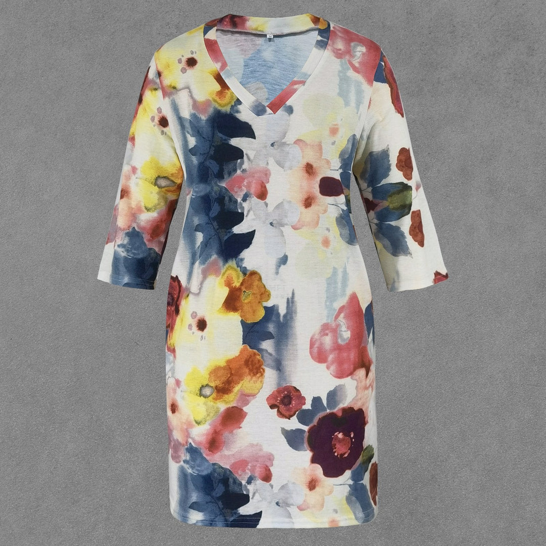 Renesme - Robe aquarelle avec petit imprimé floral au milieu des manches