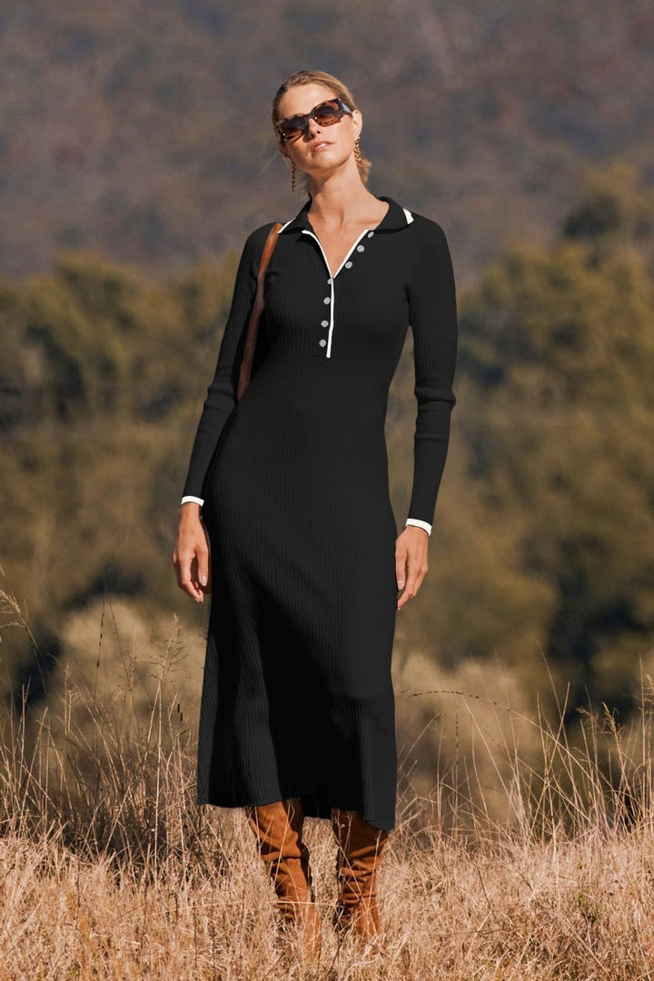 Robe en maille midi Lauren avec col et patte de boutonnage