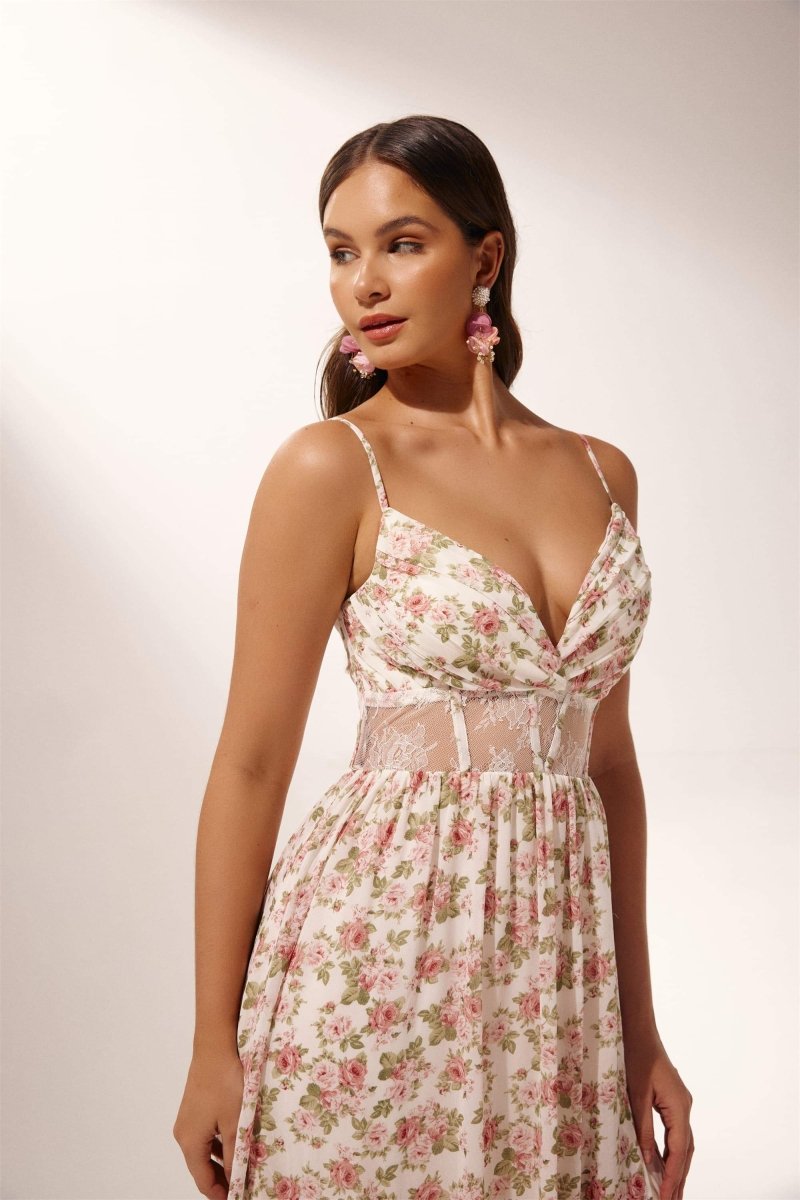 Zoe- Robe longue semi-transparente à imprimé rose