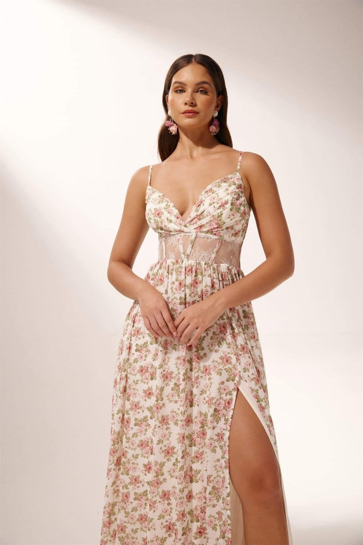 Zoe- Robe longue semi-transparente à imprimé rose