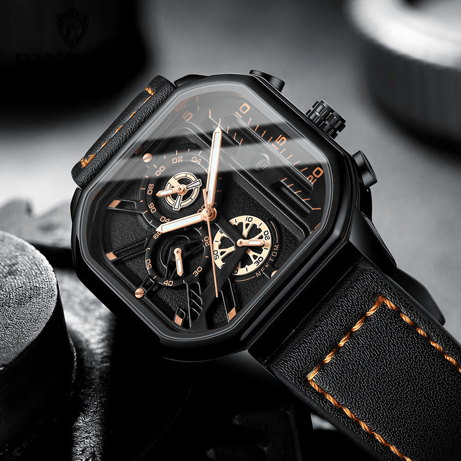 Montre ChronoLux Cuir Bracelet Carré Acier Inoxydable