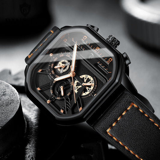 Montre ChronoLux Cuir Bracelet Carré Acier Inoxydable