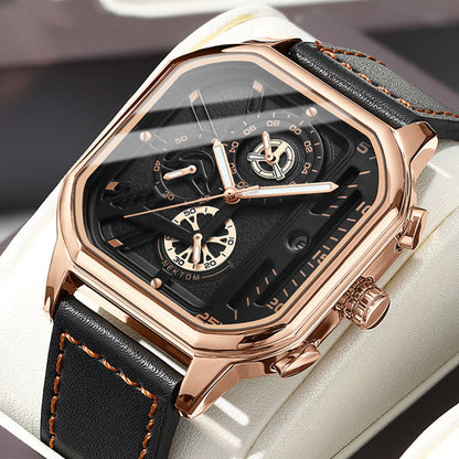 Montre ChronoLux Cuir Bracelet Carré Acier Inoxydable