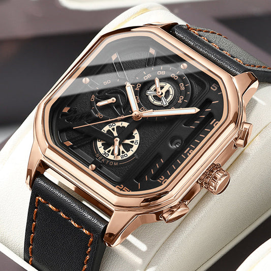 Montre ChronoLux Cuir Bracelet Carré Acier Inoxydable