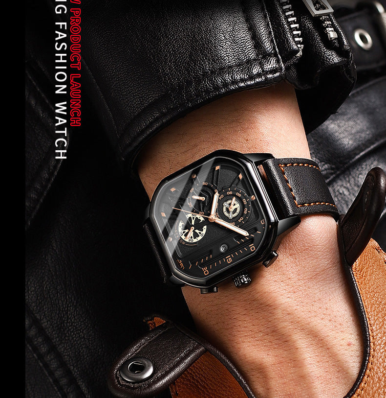 Montre ChronoLux Cuir Bracelet Carré Acier Inoxydable
