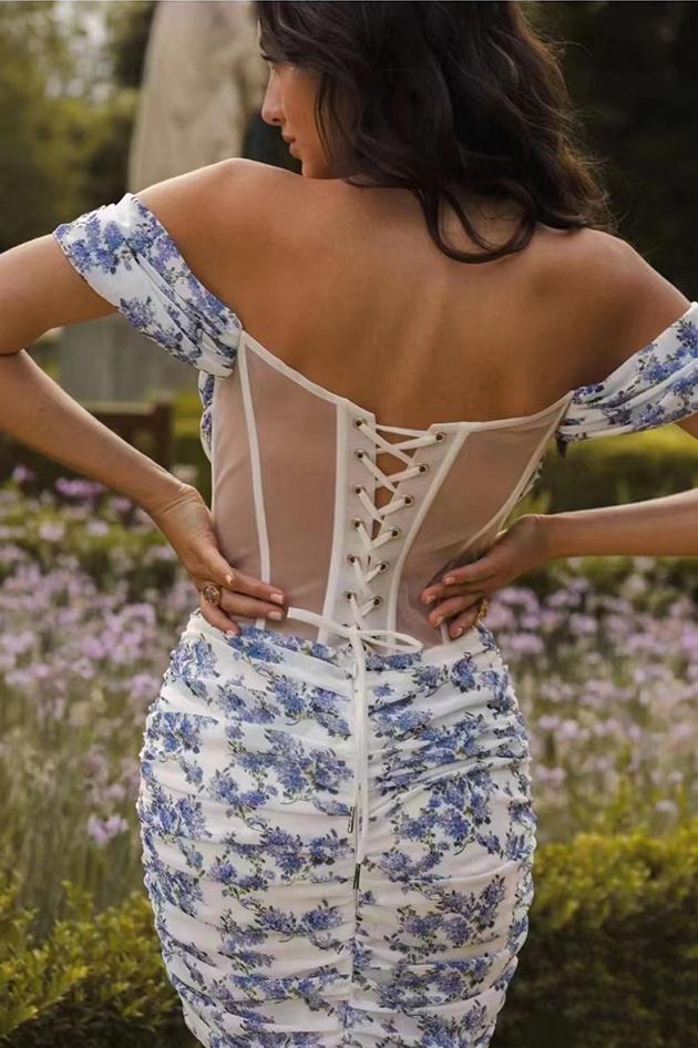 Rose Mini-robe corsetée imprimée sur les épaules