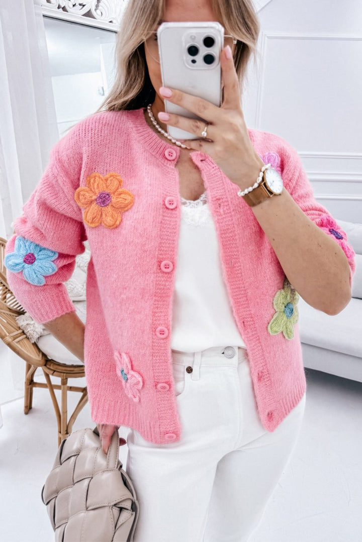 Arielle - Cardigan Mignon Tricoté à Motif Floral avec Boutons