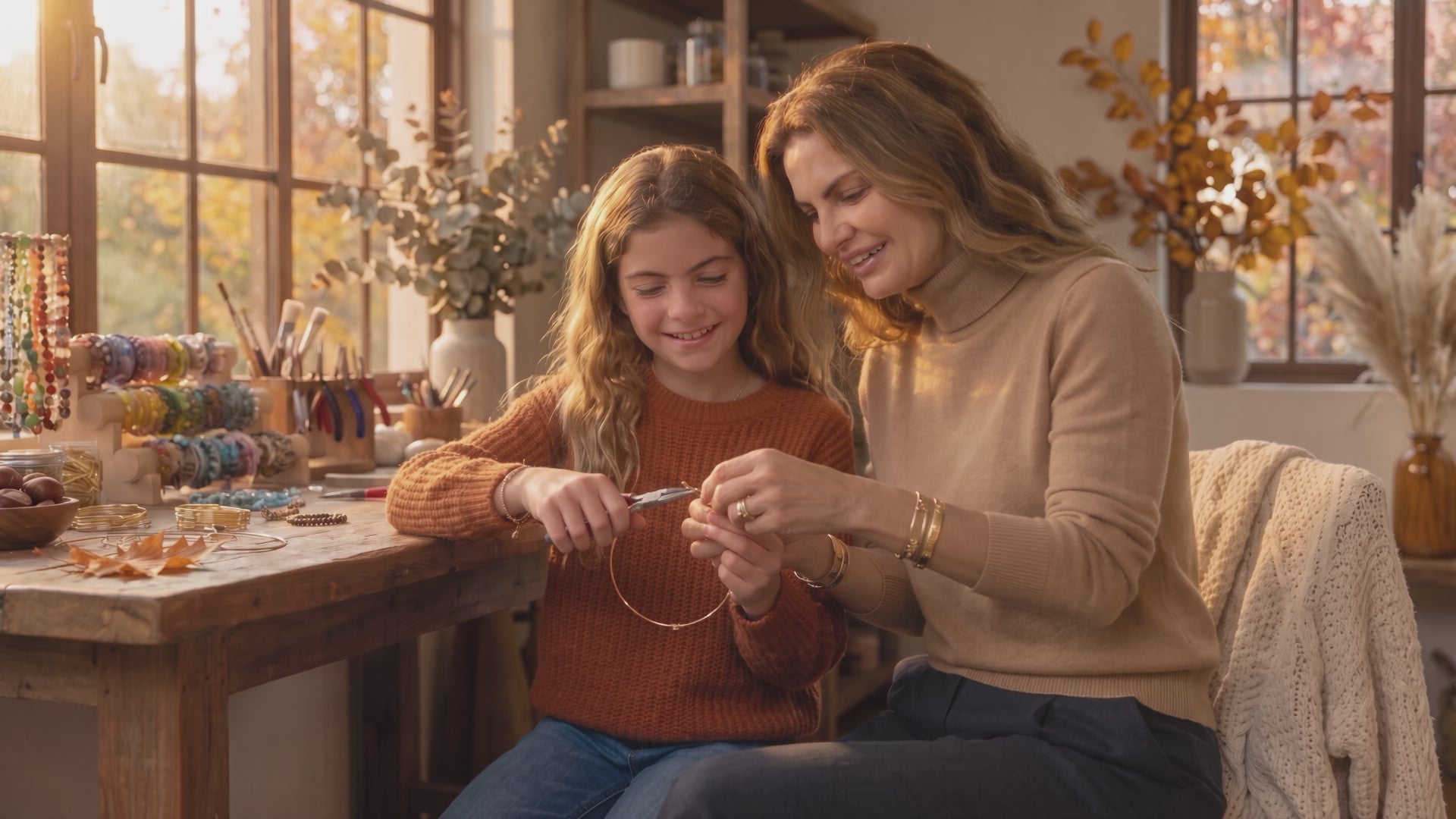 Mère et fille créant un bijou dans l'atelier Eveux en automne