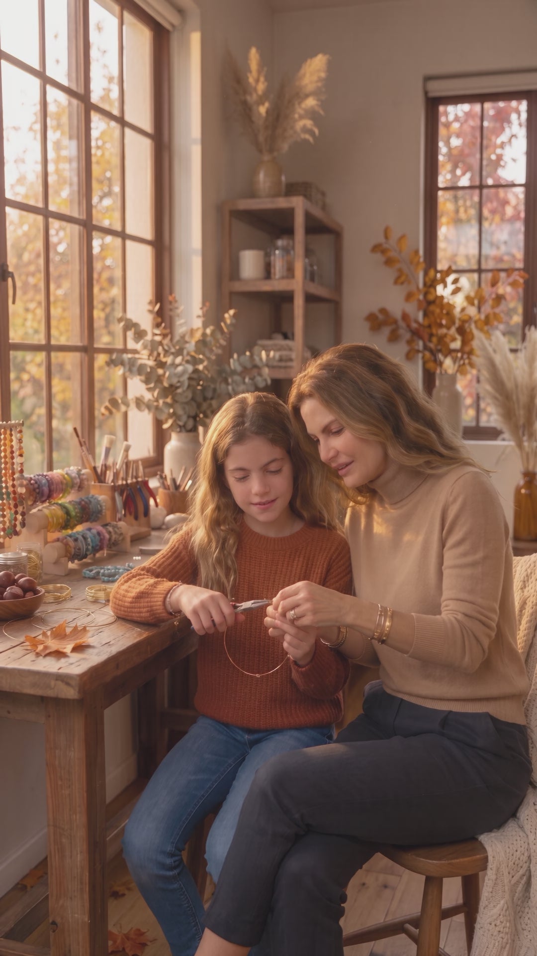 Mère et fille créant un bijou dans l'atelier Eveux en automne