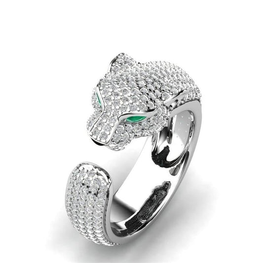 Bague réglable en argent et or rose 18 carats avec yeux en zircon vert