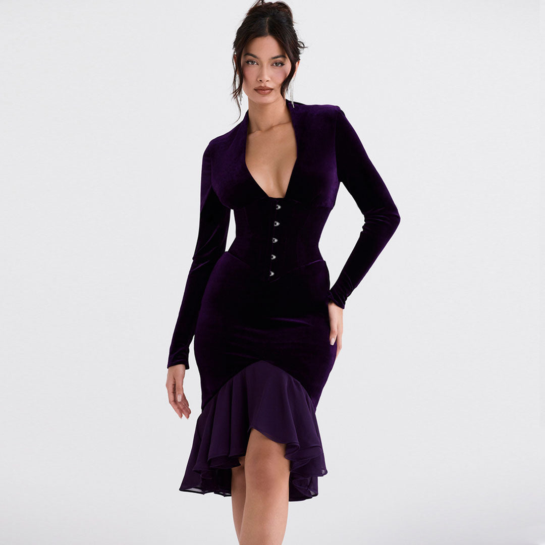 Clara - Mini robe en velours très décolletée avec empiècements en maille