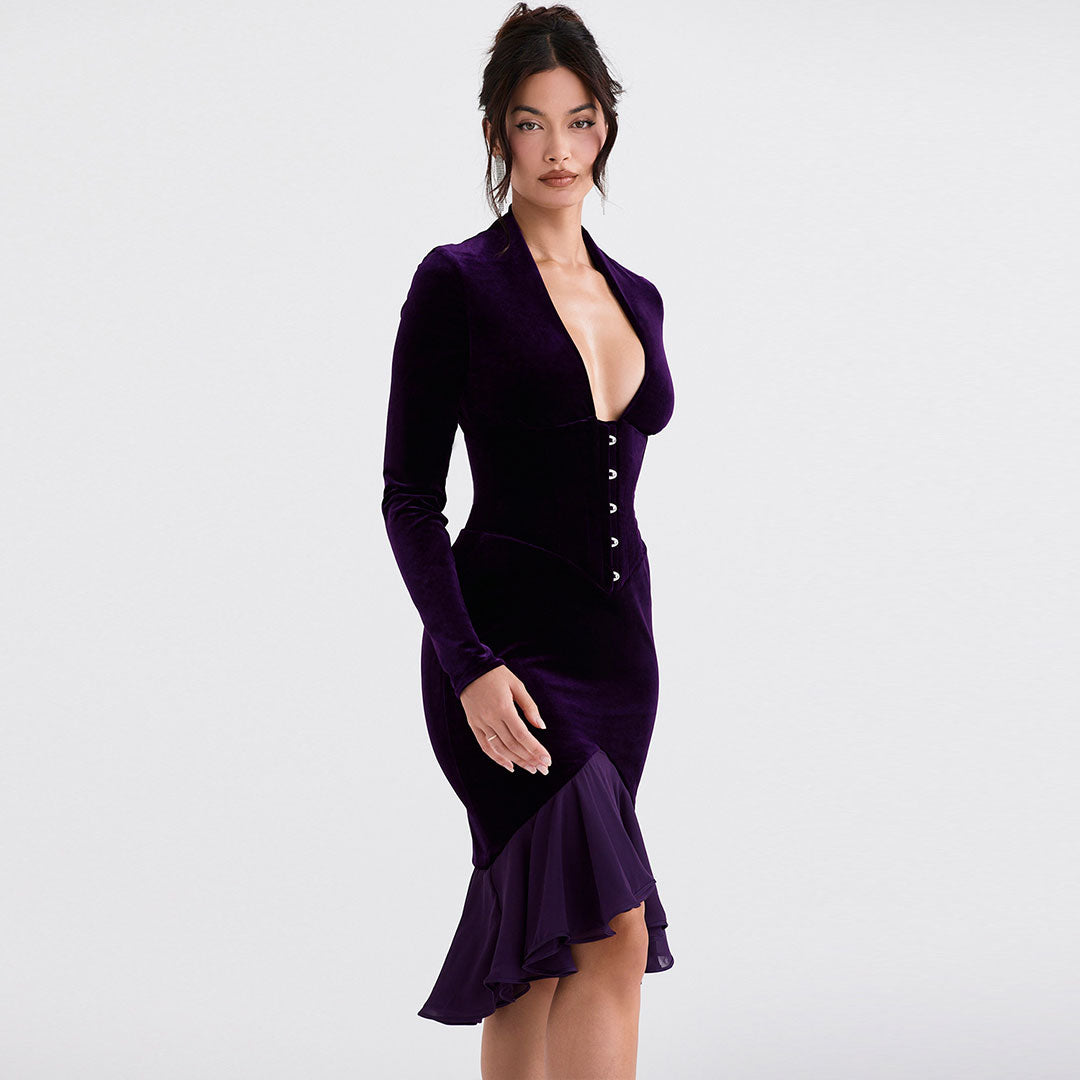 Clara - Mini robe en velours très décolletée avec empiècements en maille