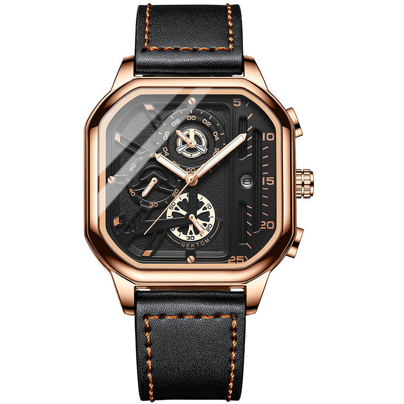 Montre ChronoLux Cuir Bracelet Carré Acier Inoxydable