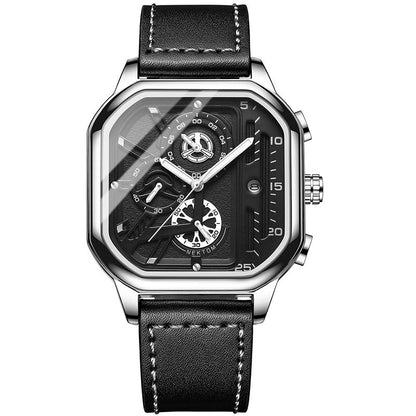Montre ChronoLux Cuir Bracelet Carré Acier Inoxydable