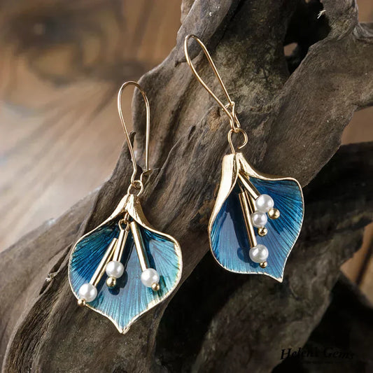 Boucles D'Oreilles Goutte Or Doré Bleue Lilas Collection Émail Édition Limitée Artisanale